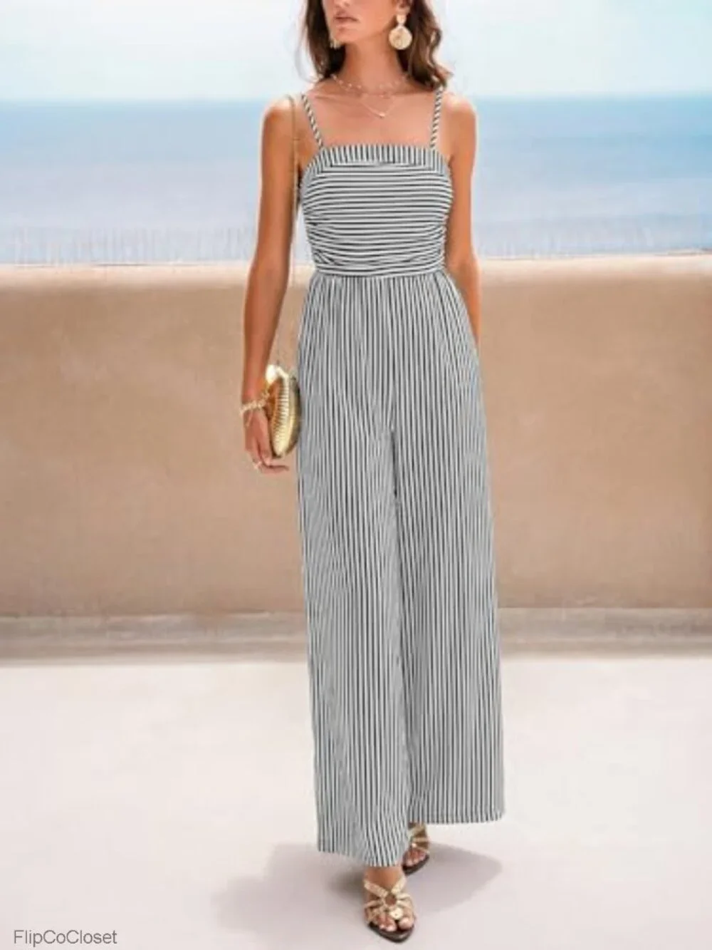 Sleeveless Striped Jumpsuit with Straight Leg - 90% Rayon-Viscose